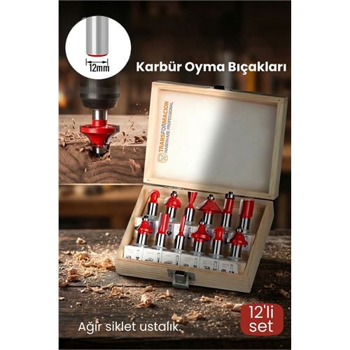 Profesyonel 12'li Ahşap Freze Ucu Seti 12mm Şaft | Rulmanlı Karbür Oyma Bıçakları Ahşap Kutulu