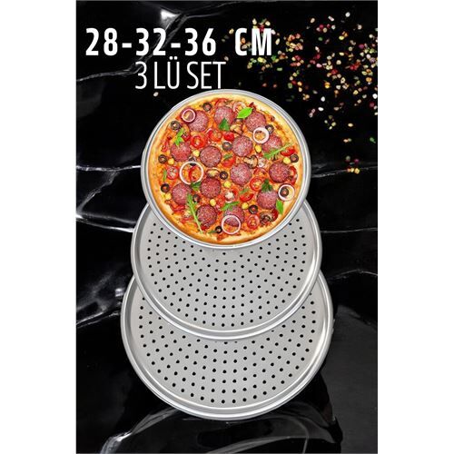 Delikli Pizza Lahmacun Tepsisi Çelik 28-32-36 CM 3 lü SET