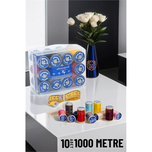 10 Renk 1000 Mt Kutulu Mezuralı Dikiş İpliği Seti