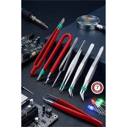 7’li Profesyonel Hassas Cımbız Seti - Antistatik Çelik, Elektronik Tamir & Hobi Kiti