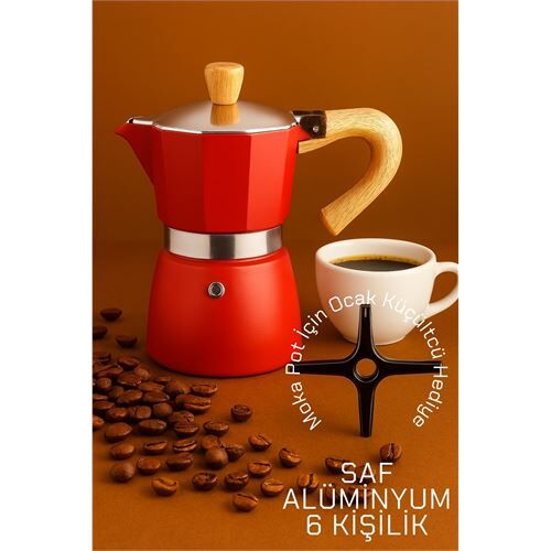 Modacar Italyan Moka Pot - 6061 Saf Alüminyum  Ahşap Saplı - 6 kişilik KIRMIZI