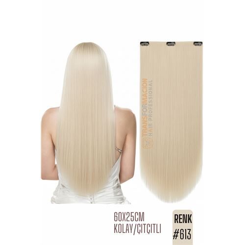 Doğal Görünümlü Düz Siyah Sentetik Kaynak Saç – RENK KOD:#613  Kolay Tak Çıkar, Işıltılı Etki!