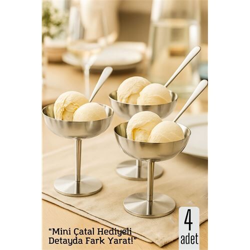 Modacar 4 lü Gümüş Inox Çelik Ayaklı Dondurma ve Sunum Kasesi – Tatlı, Lokum ve Sunum Kabı