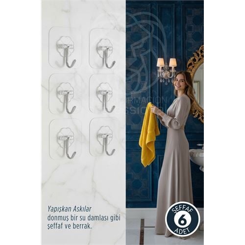 6 lı Şeffaf Yapışkanlı Askı, Mutfak Banyo Duvar Askısı, Çivisiz Pratik Kanca Seti