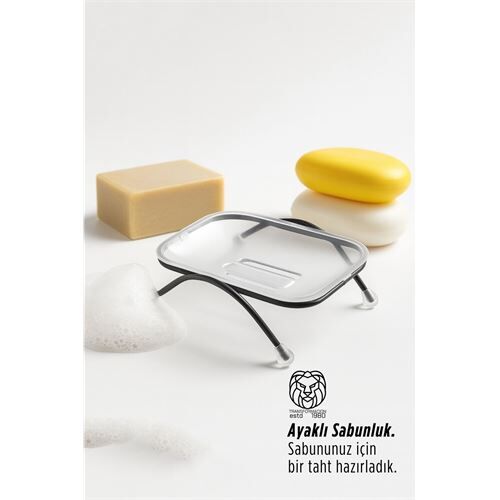 Ayaklı Sabunluk – Su Giderli, Şeffaf Tasarım, 12 x 9 cm, Tezgah Üstü Kullanım