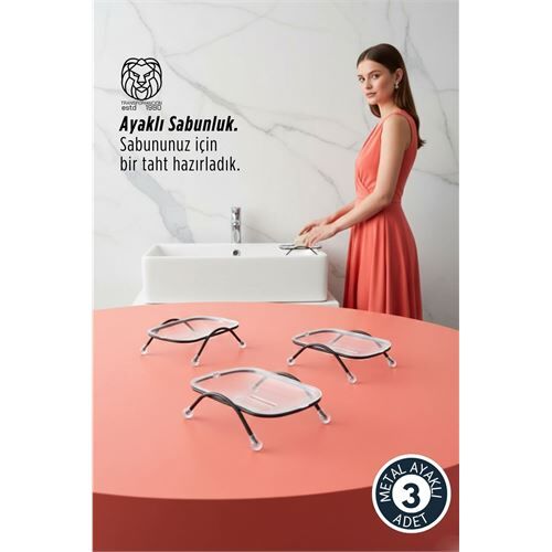 3 lü Ayaklı Sabunluk – Su Giderli, Şeffaf Tasarım, 12 x 9 cm, Tezgah Üstü Kullanım