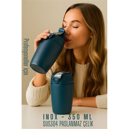 Modacar Inox Çelik Kahve Bardağı - 350 ml  SUS304 Çelik Termos Profesyonel MAVİ