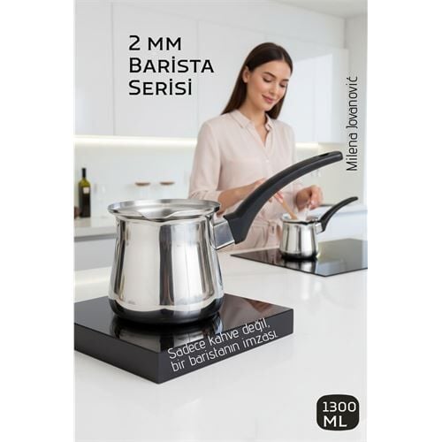 Premium 304 Paslanmaz Çelik Cezve 1290 ml Profesyonel Barista Serisi, Isıya Dayanıklı Sap