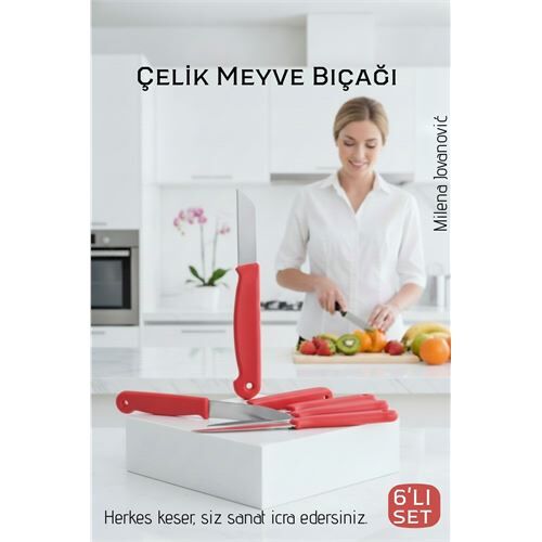 6'lı Premium Paslanmaz Çelik Meyve Bıçağı Seti - Kırmızı Saplı Keskin Soyma Bıçağı Takımı