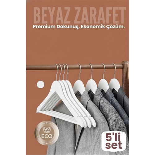 5'li Lüks Beyaz Elbise Ceket Askısı - Ergonomik & Kaymaz Plastik Askı Seti -  Ahşap Görünümlü