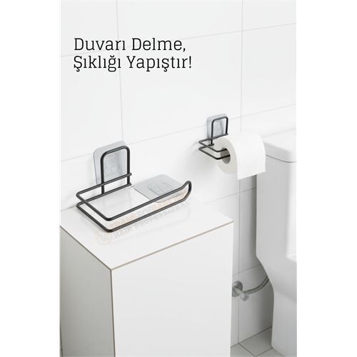 Yapışkanlı Tuvalet Kağıdı Tutucu – Siyah Metal 14 x 7,5 cm