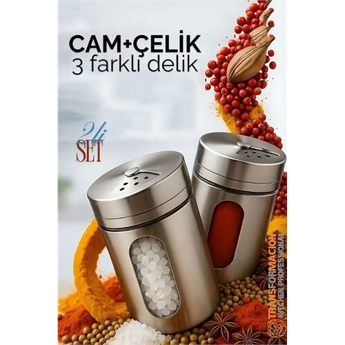 Modacar Cam+Çelik Tuzluk Biberlik Karabiberlik 3 Farklı Delikli 2 li SET