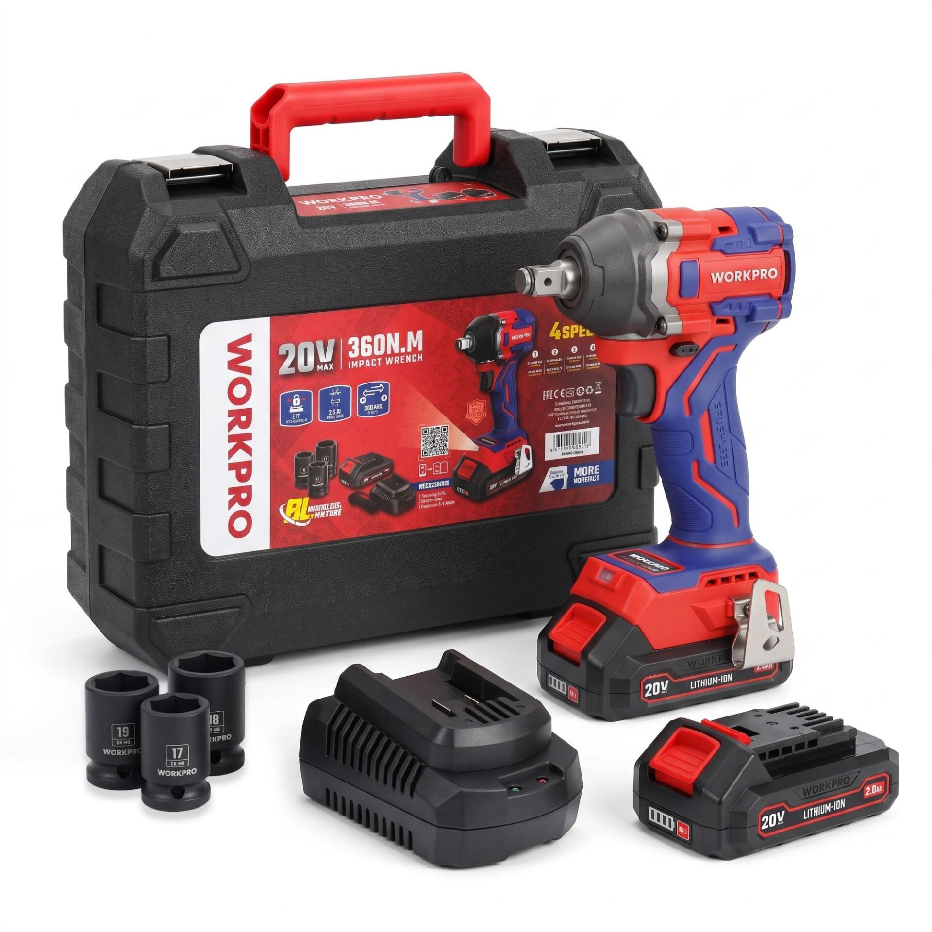 WORKPRO WP390226 20Volt 2.0Ah. Li-ion 1/2’’ 360Nm Çift Akü Kömürsüz Profesyonel Şarjlı Somun Sıkma