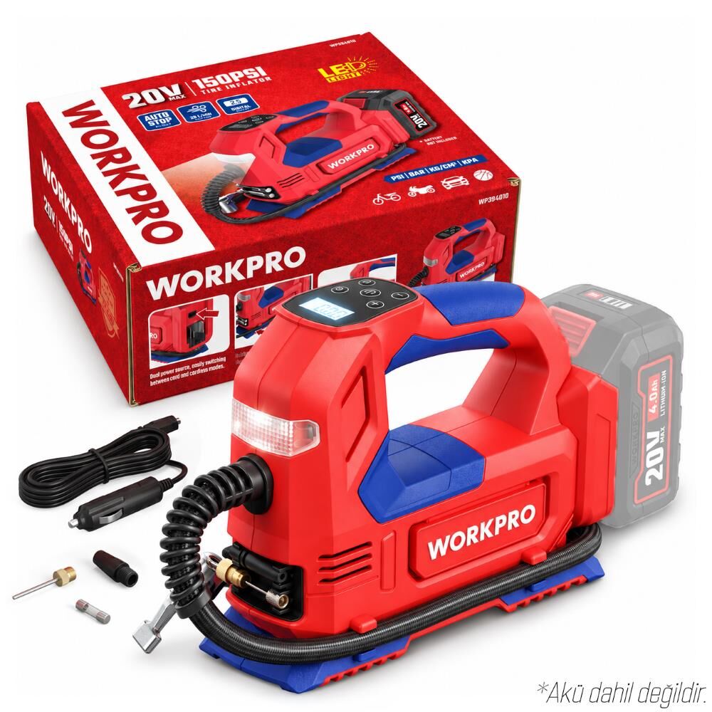 WORKPRO WP394010 20V/12Volt 150 PSI Ayarlanabilir Dijital Basınç Göstergeli Hava Pompası (Aküsüz)