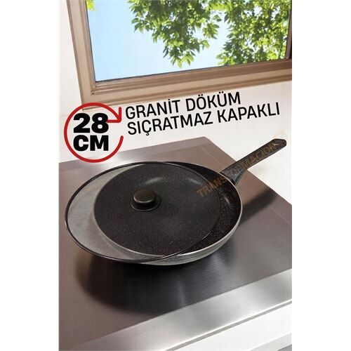 Granit Döküm Tava Yağ Sıçratmaz Kapaklı -Yapışmaz Taban 28 Cm